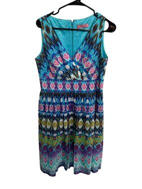 Eliza J New York Ikat Print Fit Flare Dress Blue Multi Sleeveless V-Neck Geo